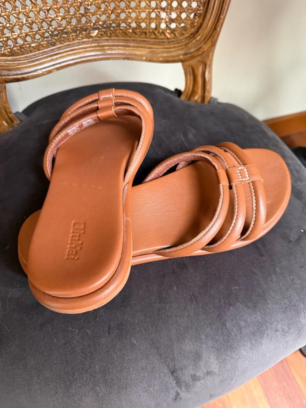 OluKai Women's Triple-Strap Cognac Slide Sandals - Picture 3 of 5